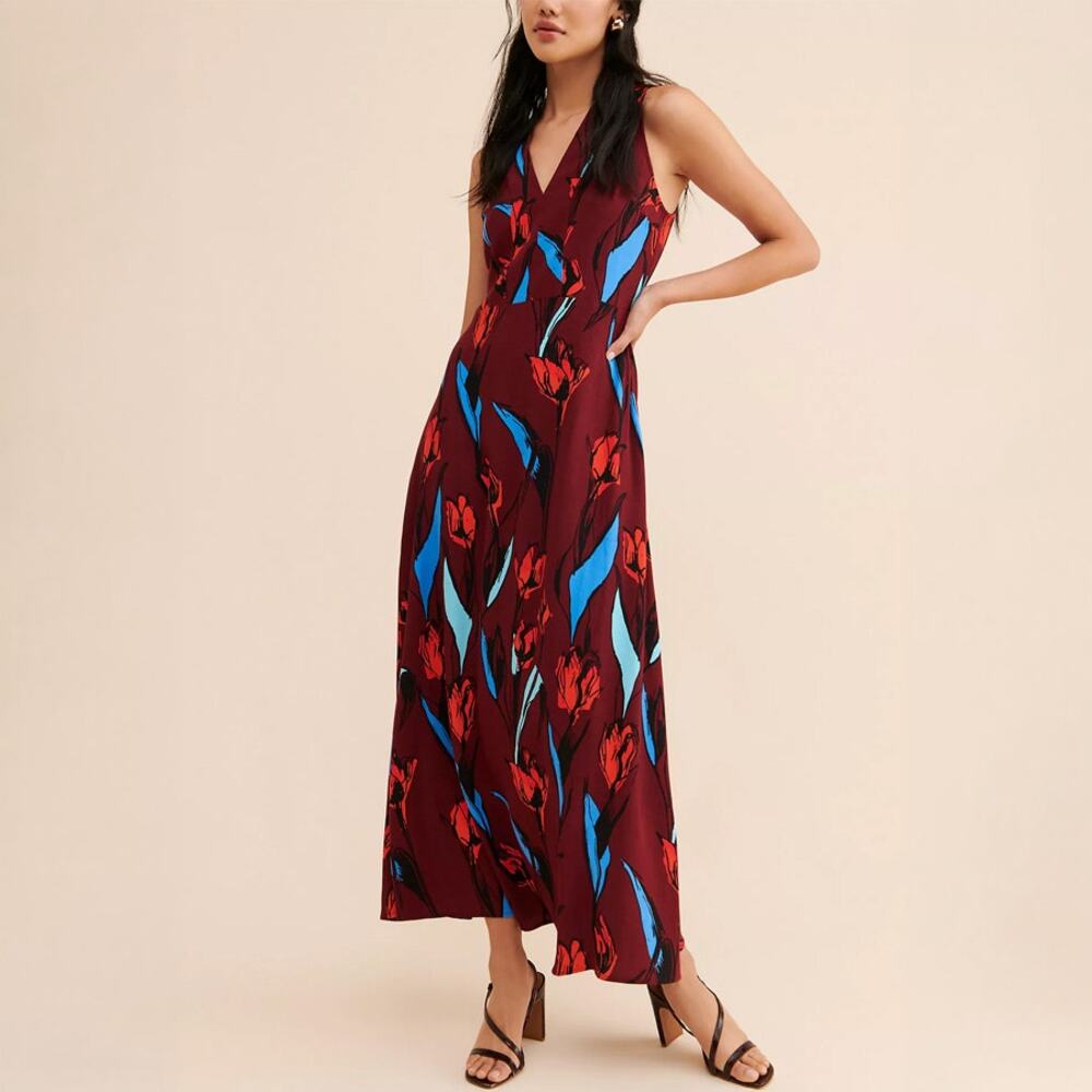 Corey Lynn Calter Anthropologie Burgundy Floral V-Neck Maxi Dress Size M